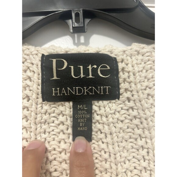 Pure Handknit Women Ivory Cotton Knit V Neck Sweater Size Medium Large Chunky - Picture 2 of 4